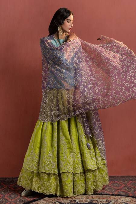 Buy_Naaz By Noor_Green Organza, Chanderi Round Embroidered Lehenga Set _Online_at_Aza_Fashions
