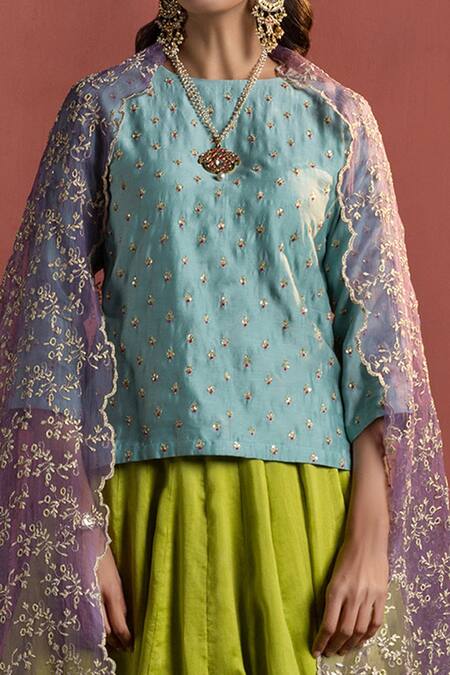 Shop_Naaz By Noor_Green Organza, Chanderi Round Embroidered Lehenga Set _Online_at_Aza_Fashions