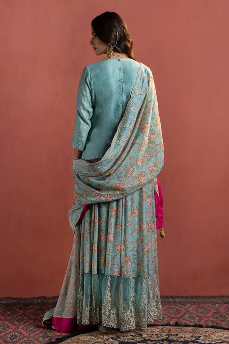 Shop Naaz By Noor Blue Organza, Chanderi Round Embroidered Kurta Set at Aza Fashions Shop_Naaz By Noor_Blue Organza, Chanderi Round Embroidered Kurta Set _at_Aza_Fashions