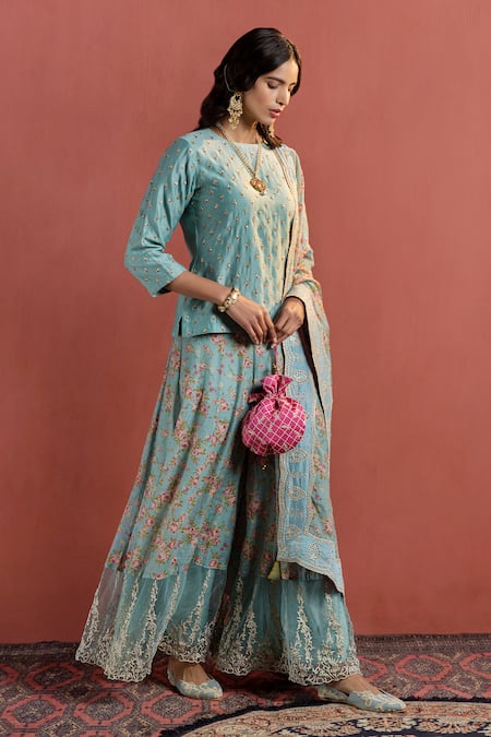 Naaz By Noor Blue Organza, Chanderi Round Embroidered Kurta Set Online at Aza Fashions Naaz By Noor_Blue Organza, Chanderi Round Embroidered Kurta Set _Online_at_Aza_Fashions