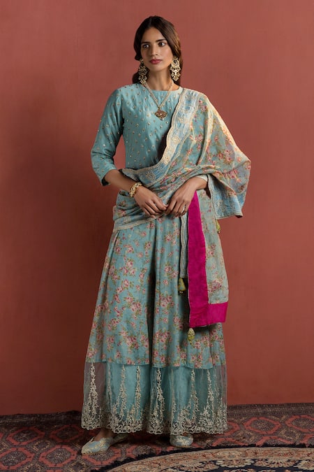 Buy Naaz By Noor Blue Organza, Chanderi Round Embroidered Kurta Set Online at Aza Fashions Buy_Naaz By Noor_Blue Organza, Chanderi Round Embroidered Kurta Set _Online_at_Aza_Fashions