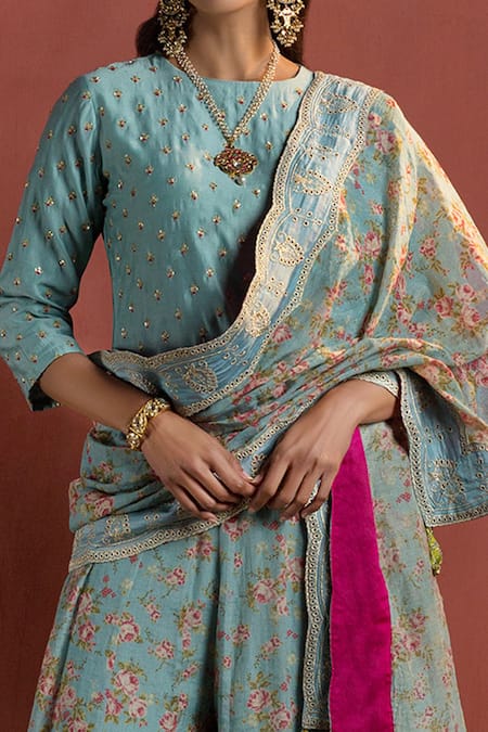 Shop Naaz By Noor Blue Organza, Chanderi Round Embroidered Kurta Set Online at Aza Fashions Shop_Naaz By Noor_Blue Organza, Chanderi Round Embroidered Kurta Set _Online_at_Aza_Fashions