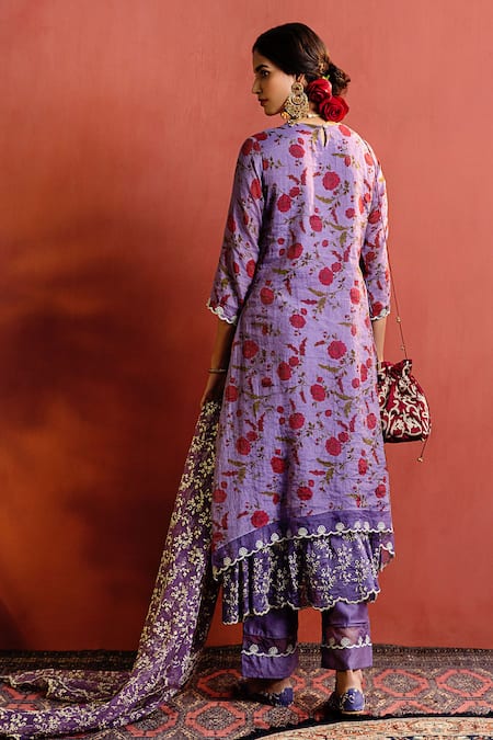 Shop Naaz By Noor Purple Organza, Chanderi, Printed Zari V Neck Floral Kurta Set at Aza Fashions Shop_Naaz By Noor_Purple Organza, Chanderi, Printed Zari V Neck Floral Kurta Set _at_Aza_Fashions