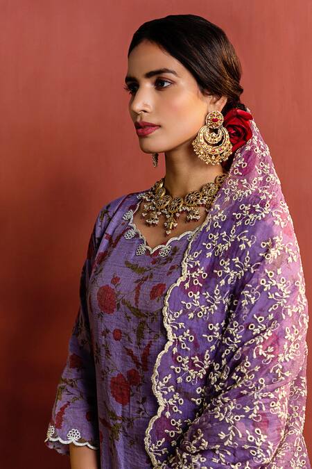 Buy Naaz By Noor Purple Organza, Chanderi, Printed Zari V Neck Floral Kurta Set Online at Aza Fashions Buy_Naaz By Noor_Purple Organza, Chanderi, Printed Zari V Neck Floral Kurta Set _Online_at_Aza_Fashions