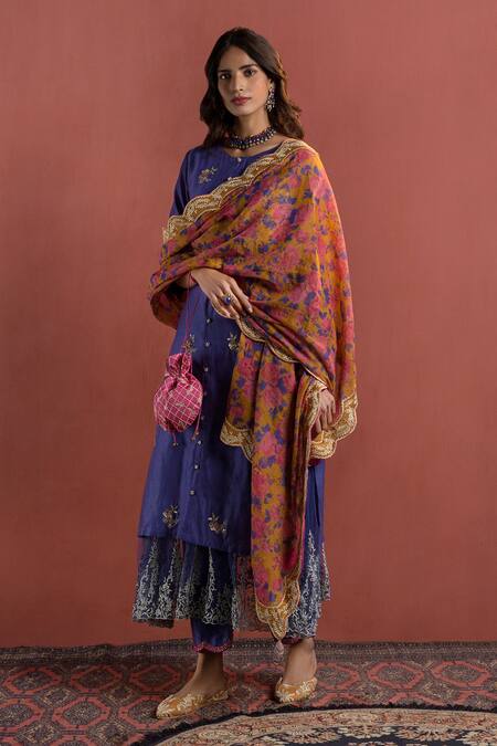 Naaz By Noor_Blue Chanderi, Printed Zari Floral Round Gulnaaz Embroidered Shirt Kurta Set _Online_at_Aza_Fashions