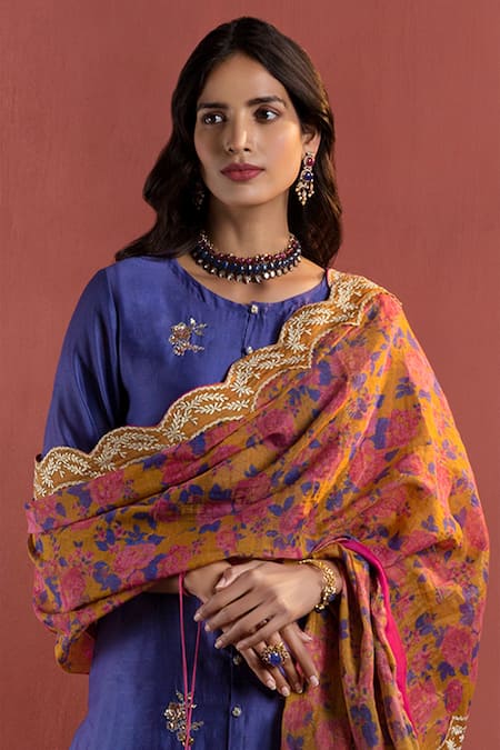 Shop_Naaz By Noor_Blue Chanderi, Printed Zari Floral Round Gulnaaz Embroidered Shirt Kurta Set _Online_at_Aza_Fashions