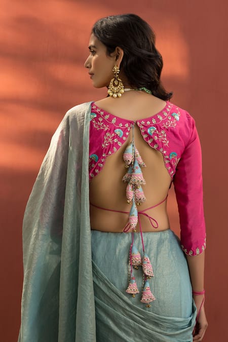 Shop Naaz By Noor Blue Chanderi, Printed Zari V Neck Saree With Blouse at Aza Fashions Shop_Naaz By Noor_Blue Chanderi, Printed Zari V Neck Saree With Blouse_at_Aza_Fashions