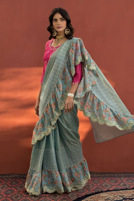 Naaz By Noor Blue Chanderi, Printed Zari V Neck Saree With Blouse Online at Aza Fashions Naaz By Noor_Blue Chanderi, Printed Zari V Neck Saree With Blouse_Online_at_Aza_Fashions