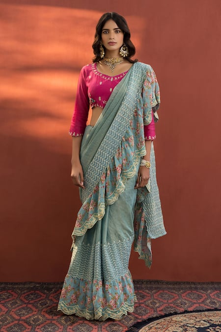 Buy Naaz By Noor Blue Chanderi, Printed Zari V Neck Saree With Blouse Online at Aza Fashions Buy_Naaz By Noor_Blue Chanderi, Printed Zari V Neck Saree With Blouse_Online_at_Aza_Fashions