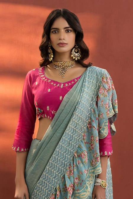 Shop Naaz By Noor Blue Chanderi, Printed Zari V Neck Saree With Blouse Online at Aza Fashions Shop_Naaz By Noor_Blue Chanderi, Printed Zari V Neck Saree With Blouse_Online_at_Aza_Fashions