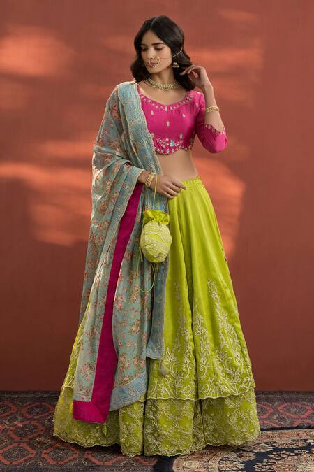 Naaz By Noor_Green Chanderi, Printed Zari V Neck Embroidered Lehenga Set_Online_at_Aza_Fashions