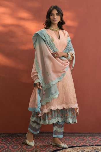 Naaz By Noor Pink Chanderi, Printed Zari V Neck Striped Kurta Set Online at Aza Fashions Naaz By Noor_Pink Chanderi, Printed Zari V Neck Striped Kurta Set _Online_at_Aza_Fashions