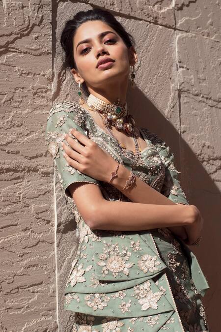 Buy Sahil Kochhar Green Crepe, Organza U Neck Gulner Kurta And Sharara Set Online at Aza Fashions Buy_Sahil Kochhar_Green Crepe, Organza U Neck Gulner Kurta And Sharara Set _Online_at_Aza_Fashions
