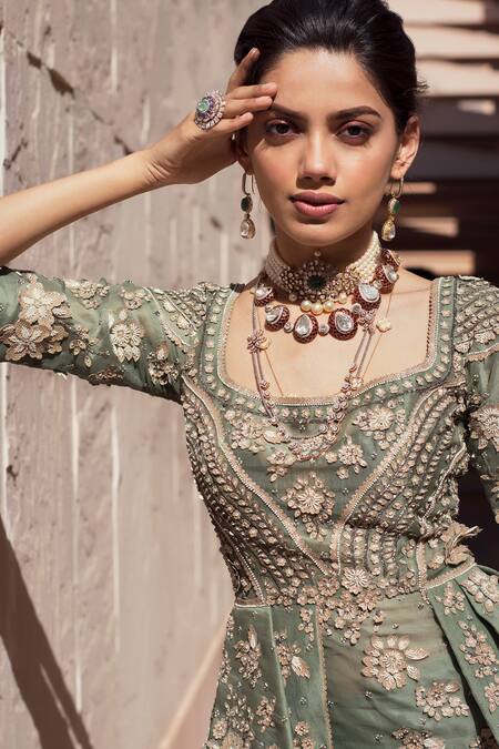 Shop Sahil Kochhar Green Crepe, Organza U Neck Gulner Kurta And Sharara Set Online at Aza Fashions Shop_Sahil Kochhar_Green Crepe, Organza U Neck Gulner Kurta And Sharara Set _Online_at_Aza_Fashions