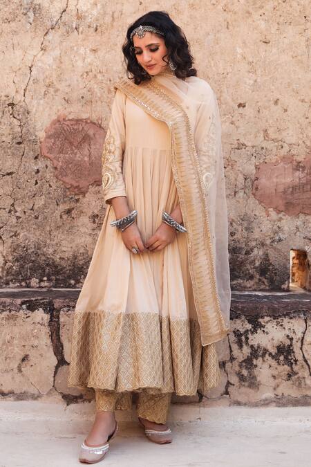 Gulabo Jaipur_Beige Cotton, Organza Kasab, Dabka Work, Zardozi Sequin Embroidered Anarkali Set_Online_at_Aza_Fashions