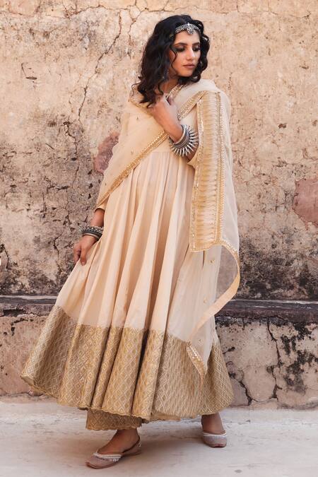 Buy_Gulabo Jaipur_Beige Cotton, Organza Kasab, Dabka Work, Zardozi Sequin Embroidered Anarkali Set_Online_at_Aza_Fashions