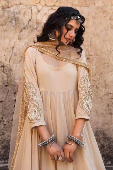 Gulabo Jaipur_Beige Cotton, Organza Kasab, Dabka Work, Zardozi Sequin Embroidered Anarkali Set_at_Aza_Fashions