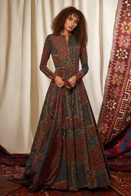 Nikita Mhaisalkar Green Organza, Georgette Notched Round Neck Printed Anarkali With Dupatta Online at Aza Fashions Nikita Mhaisalkar_Green Organza, Georgette Notched Round Neck Printed Anarkali With Dupatta _Online_at_Aza_Fashions