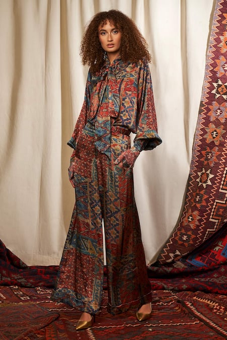 Nikita Mhaisalkar Maroon Satin Silk Printed Blouse Online at Aza Fashions Nikita Mhaisalkar_Maroon Satin Silk Printed Blouse_Online_at_Aza_Fashions