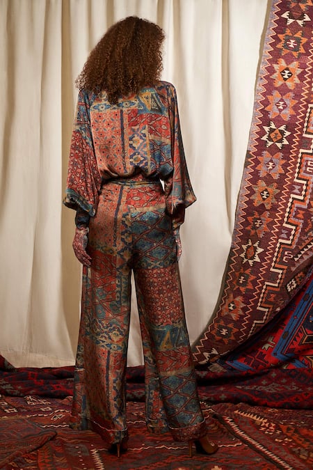 Shop Nikita Mhaisalkar Maroon Satin Silk Printed Blouse at Aza Fashions Shop_Nikita Mhaisalkar_Maroon Satin Silk Printed Blouse_at_Aza_Fashions