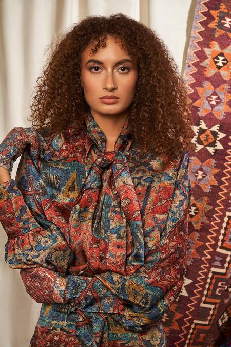 Buy Nikita Mhaisalkar Maroon Satin Silk Printed Blouse Online at Aza Fashions Buy_Nikita Mhaisalkar_Maroon Satin Silk Printed Blouse_Online_at_Aza_Fashions