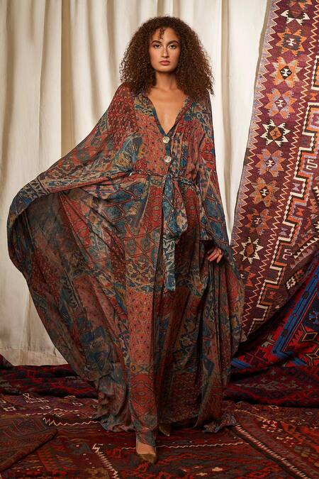 Nikita Mhaisalkar Maroon Crepe Straight Collar Printed Kaftan 