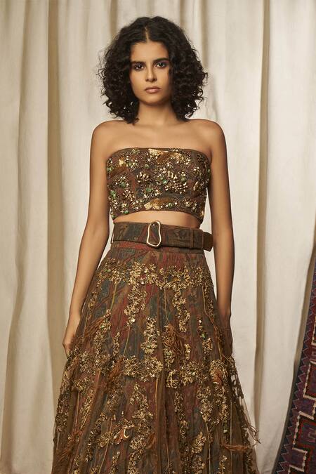 Nikita Mhaisalkar Brown Tulle Bandeau Hand Embroidered Lehenga Set Online at Aza Fashions Nikita Mhaisalkar_Brown Tulle Bandeau Hand Embroidered Lehenga Set _Online_at_Aza_Fashions
