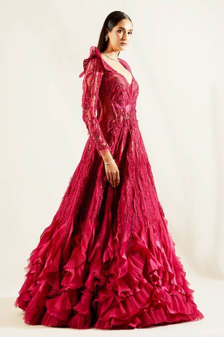 Adaara Couture Red Raw Silk, Net Sweetheart Neck Embellished Ruffle Gown Online at Aza Fashions Adaara Couture_Red Raw Silk, Net Sweetheart Neck Embellished Ruffle Gown _Online_at_Aza_Fashions