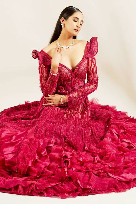 Buy Adaara Couture Red Raw Silk, Net Sweetheart Neck Embellished Ruffle Gown Online at Aza Fashions Buy_Adaara Couture_Red Raw Silk, Net Sweetheart Neck Embellished Ruffle Gown _Online_at_Aza_Fashions