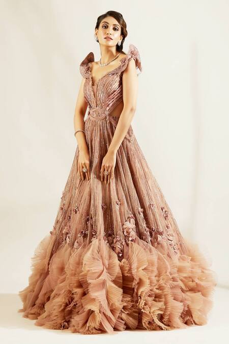 Adaara Couture Purple Raw Silk, Net Sweetheart Neck Embellished Ruffle Gown Online at Aza Fashions Adaara Couture_Purple Raw Silk, Net Sweetheart Neck Embellished Ruffle Gown _Online_at_Aza_Fashions