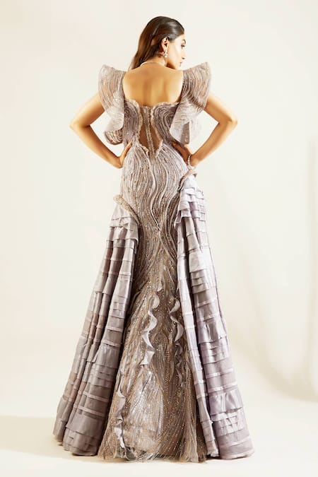 Shop Adaara Couture Purple Raw Silk Sweetheart Neck Ruffle Gown at Aza Fashions Shop_Adaara Couture_Purple Raw Silk Sweetheart Neck Ruffle Gown _at_Aza_Fashions