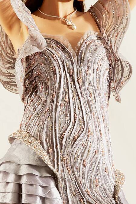 Adaara Couture Purple Raw Silk Sweetheart Neck Ruffle Gown at Aza Fashions Adaara Couture_Purple Raw Silk Sweetheart Neck Ruffle Gown _at_Aza_Fashions