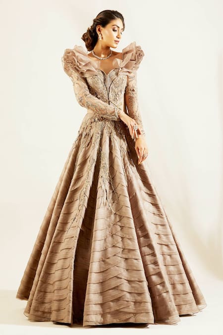 Adaara Couture_Gold Organza, Net, Satin Sweetheart Neck Ruffle Gown _Online_at_Aza_Fashions