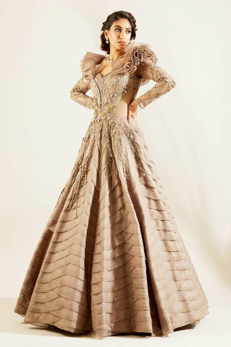 Buy_Adaara Couture_Gold Organza, Net, Satin Sweetheart Neck Ruffle Gown _Online_at_Aza_Fashions