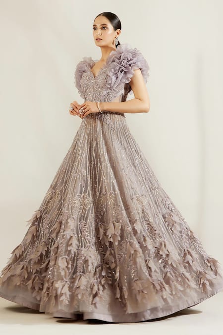 Adaara Couture Purple Raw Silk, Organza V Neck Embellished Gown Online at Aza Fashions Adaara Couture_Purple Raw Silk, Organza V Neck Embellished Gown _Online_at_Aza_Fashions