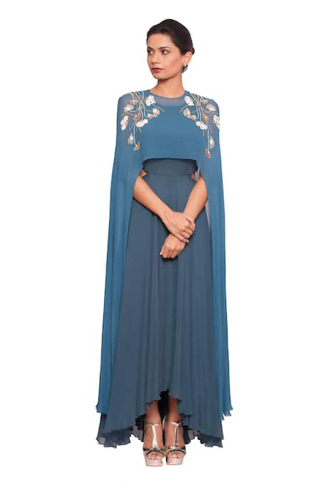 Salt and Spring Asymmetric Gown With Embellished Cape 