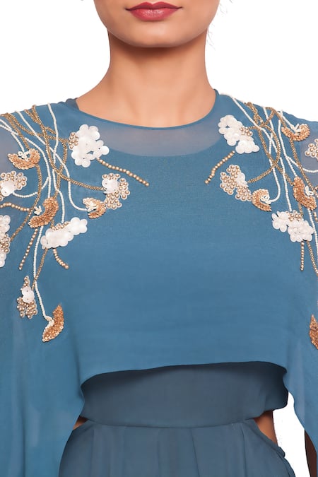 Salt And Spring Blue Georgette Floral Motifs Round Asymmetric Gown With Embellished Cape Online at Aza Fashions Salt And Spring_Blue Georgette Floral Motifs Round Asymmetric Gown With Embellished Cape _Online_at_Aza_Fashions