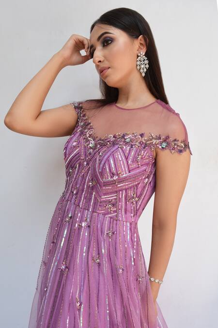 Parul Gandhi_Purple Shimmer Imported Net Round Embroidered Gown _Online_at_Aza_Fashions