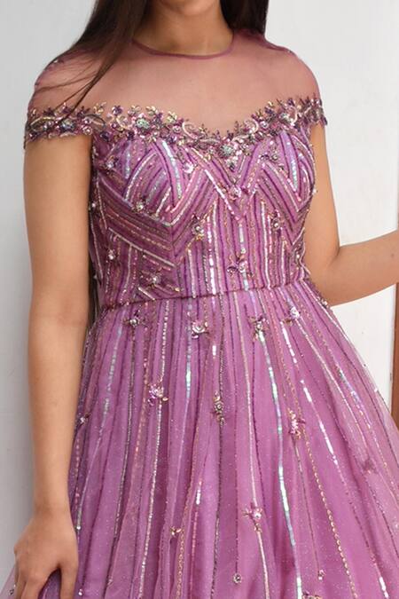 Buy_Parul Gandhi_Purple Shimmer Imported Net Round Embroidered Gown _Online_at_Aza_Fashions