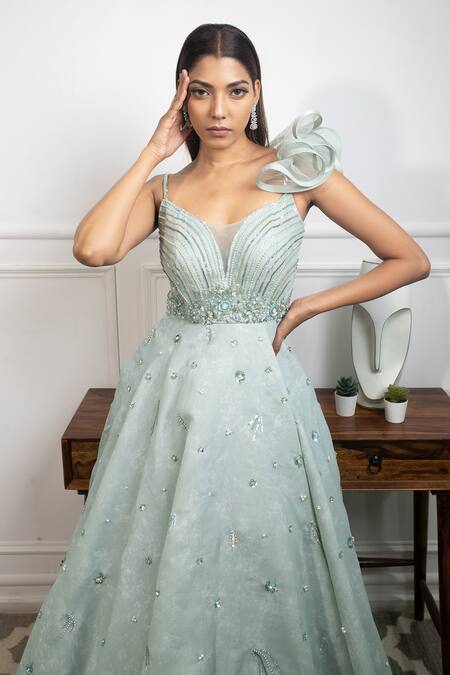 Parul Gandhi Blue Organza, Jacquard V Neck Embroidered Gown Online at Aza Fashions Parul Gandhi_Blue Organza, Jacquard V Neck Embroidered Gown _Online_at_Aza_Fashions