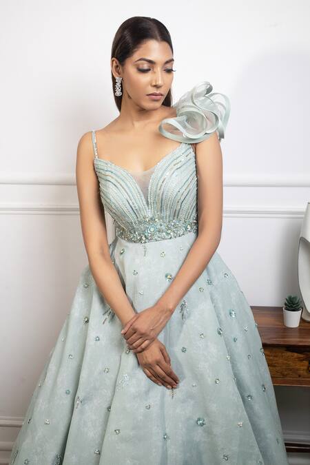 Buy Parul Gandhi Blue Organza, Jacquard V Neck Embroidered Gown Online at Aza Fashions Buy_Parul Gandhi_Blue Organza, Jacquard V Neck Embroidered Gown _Online_at_Aza_Fashions