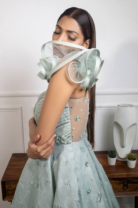 Shop Parul Gandhi Blue Organza, Jacquard V Neck Embroidered Gown Online at Aza Fashions Shop_Parul Gandhi_Blue Organza, Jacquard V Neck Embroidered Gown _Online_at_Aza_Fashions