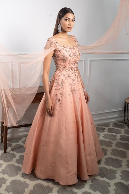 Parul Gandhi Peach Organza Sweetheart Neck Embroidered Gown Online at Aza Fashions Parul Gandhi_Peach Organza Sweetheart Neck Embroidered Gown _Online_at_Aza_Fashions