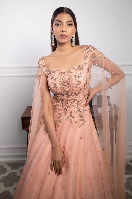 Buy Parul Gandhi Peach Organza Sweetheart Neck Embroidered Gown Online at Aza Fashions Buy_Parul Gandhi_Peach Organza Sweetheart Neck Embroidered Gown _Online_at_Aza_Fashions