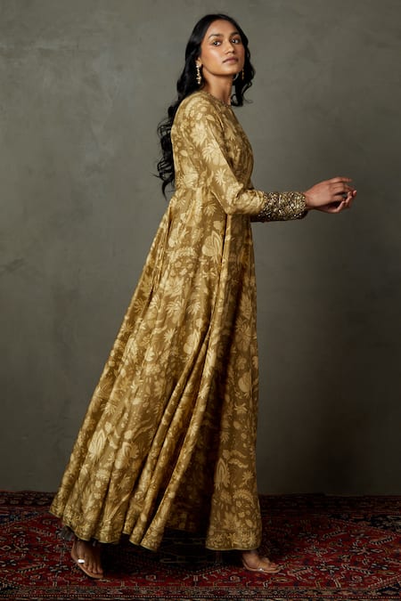 Shop RI.Ritu Kumar Green Silk Embroidery Round Neck Ananya Floral Print And Gown Online at Aza Fashions Shop_RI.Ritu Kumar_Green Silk Embroidery Round Neck Ananya Floral Print And Gown _Online_at_Aza_Fashions
