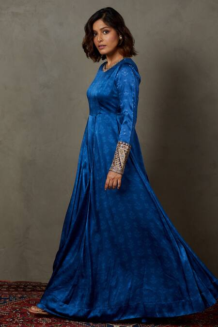 RI.Ritu Kumar_Blue Silk Printed Zardozi Round Paisley Flared Gown _Online_at_Aza_Fashions