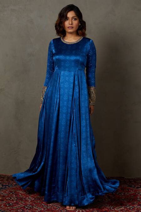 Buy_RI.Ritu Kumar_Blue Silk Printed Zardozi Round Paisley Flared Gown _Online_at_Aza_Fashions
