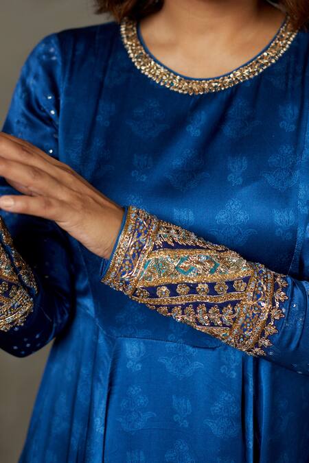 RI.Ritu Kumar_Blue Silk Printed Zardozi Round Paisley Flared Gown _at_Aza_Fashions