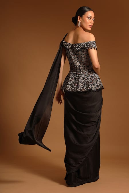 Shop_Sejal Kamdar_Black Pure Satin Crepe Print Ajrak Asymmetric Neck Peplum Saree Gown  _at_Aza_Fashions