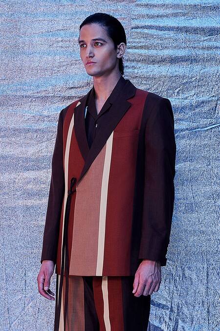 Buy_Line Out Line_Brown Cotton Plain Stripe Panelled Blazer_Online_at_Aza_Fashions
